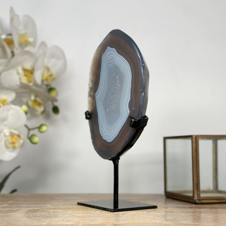 Uruguayan Blue Banded Agate Polished Slice with metal Stand - MWS2000