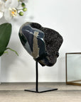 Natural Druzy Quartz Geode in Stand – Unique Black Crystal Display Piece - MWS2897