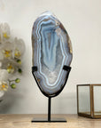 Blue Agate Polished Slice with Metal Stand – Uruguayan Gemstone for Shelf or Altar - MWS2010