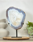 Blue Banded Agate & Quartz Stone Slice on Metal Stand - MWS3036