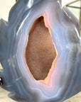 Natural Blue Banded Agate Geode Stone Leaf Carving with Orange Druzy Interior - MWS2807