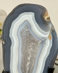 Blue Agate Slice with Black Metal Stand – Natural Uruguayan Crystal for Home Styling - MWS2005