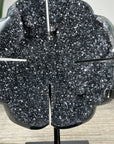 Natural Black Agate Druzy Clover Carving on Metal Stand - MWS2773