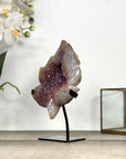 Pink Amethyst Stone Leaf Carving - Metal Stand Included - MWS2805