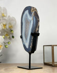 Blue Agate Slice with Black Metal Stand – Natural Uruguayan Crystal for Home Styling - MWS2005