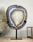 Decorative Blue Agate & Quartz Slice with Metal Base – Natural Polished Stone from Uruguay - MWS2009