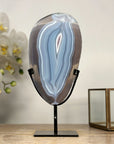 Decorative Blue Agate Slice with Metal Base – Natural Polished Stone from Uruguay - MWS2003