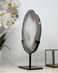 Blue Agate & Quartz Slice on Metal Stand – Banded Uruguayan Crystal - MWS2014