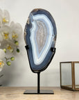 Blue Agate Slice with Black Metal Stand – Natural Uruguayan Crystal for Home Styling - MWS2005
