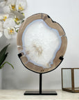 Blue Agate & Quartz Slice on Metal Stand – Banded Uruguayan Crystal - MWS2014