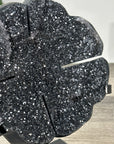 Natural Black Agate Druzy Clover Carving on Metal Stand - MWS2773