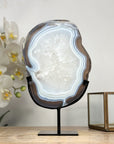 Blue Agate & Quartz Slice with Base – Polished Uruguayan Gemstone for Desk or Studio - MWS2008