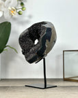 Natural Druzy Quartz Geode in Stand – Unique Black Crystal Display Piece - MWS2897