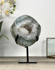 Green Quartz Geode on Metal Stand With Calcite Center - MWS2771