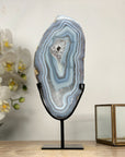 Blue Agate Polished Slice with Metal Stand – Uruguayan Gemstone for Shelf or Altar - MWS2010