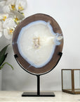 Decorative Agate & Quartz Slice with Metal Base – Natural Polished Stone from Uruguay - MWS2016