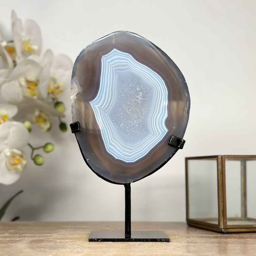 Uruguayan Blue Banded Agate Polished Slice with metal Stand - MWS2000