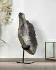 Smoky Sugar Quartz Geode on Metal Stand – Unique Crystal for Office Decor - MWS2740