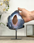 Natural Blue Banded Agate Geode Stone Leaf Carving with Orange Druzy Interior - MWS2807