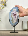 Natural Blue Banded Agate & Amethyst Stone Slice on Stand - MWS3016