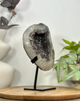 Natural Sugar Quartz Geode Mineral Specimen on Metal Stand - MWS3110