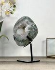 Green Quartz Geode on Metal Stand With Calcite Center - MWS2771
