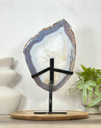 Polished Blue Banded Agate & Quartz Stone Slice on Metal Stand - MWS3037
