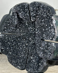 Natural Black Agate Druzy Clover Carving on Metal Stand - MWS2773