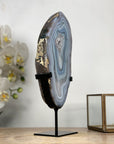 Blue Agate Polished Slice with Metal Stand – Uruguayan Gemstone for Shelf or Altar - MWS2010