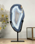 Blue Agate Slice with Black Metal Stand – Natural Uruguayan Crystal for Home Styling - MWS2005
