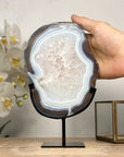 Blue Agate & Quartz Slice with Base – Polished Uruguayan Gemstone for Desk or Studio - MWS2008