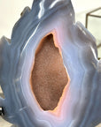 Natural Blue Banded Agate Geode Stone Leaf Carving with Orange Druzy Interior - MWS2807