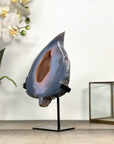 Natural Blue Banded Agate Geode Stone Leaf Carving with Orange Druzy Interior - MWS2807