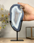Blue Agate Slice with Black Metal Stand – Natural Uruguayan Crystal for Home Styling - MWS2005