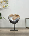 Natural Banded Agate & Quartz Druzy Stone Heart Carving - HST0326