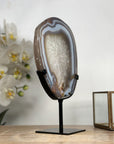 Decorative Blue Agate & Quartz Slice with Metal Base – Natural Polished Stone from Uruguay - MWS2009