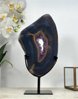Large Blue Agate & Amethyst Geode Slice, Stand Included - MWS1955