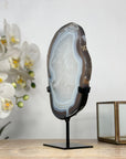 Blue Agate & Quartz Slice with Base – Polished Uruguayan Gemstone for Desk or Studio - MWS2008