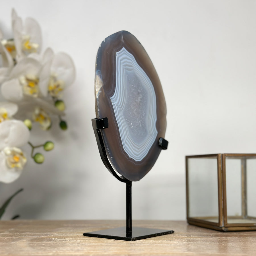 Uruguayan Blue Banded Agate Polished Slice with metal Stand - MWS2000