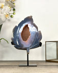 Natural Blue Banded Agate Geode Stone Leaf Carving with Orange Druzy Interior - MWS2807