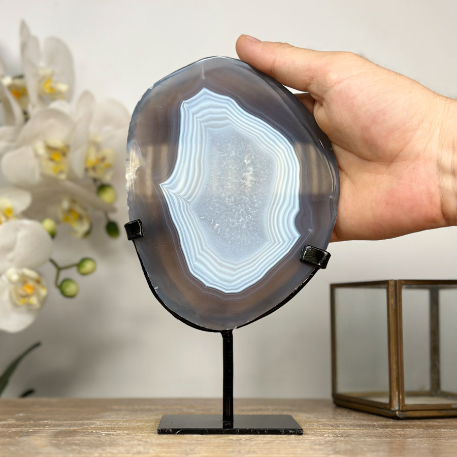 Uruguayan Blue Banded Agate Polished Slice with metal Stand - MWS2000