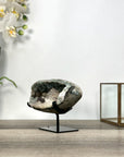Green Quartz Geode with Calcite Crystal on Metal Stand - MWS2722