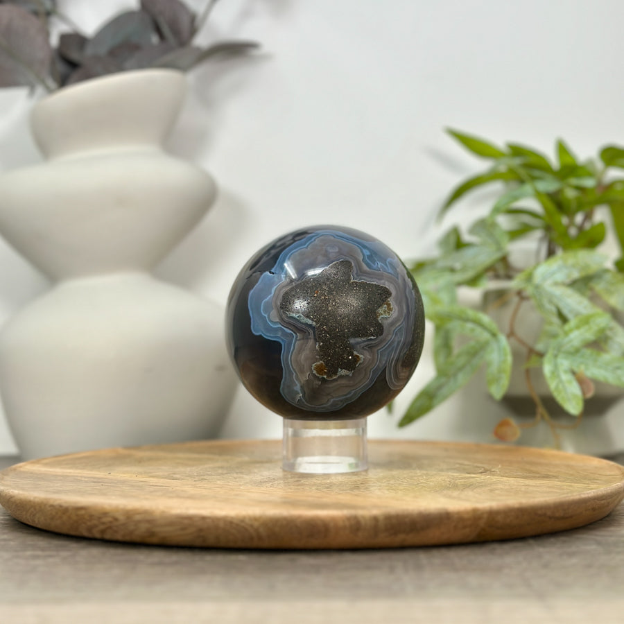 Banded Agate Sphere Geode with Quartz Crystal Cavity - SPH0151