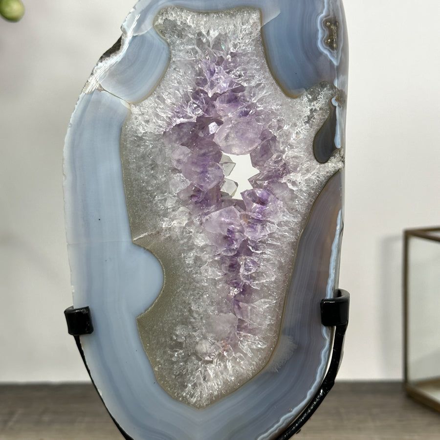 Natural Blue Banded Agate &amp; Amethyst Stone Slice on Stand - MWS3016