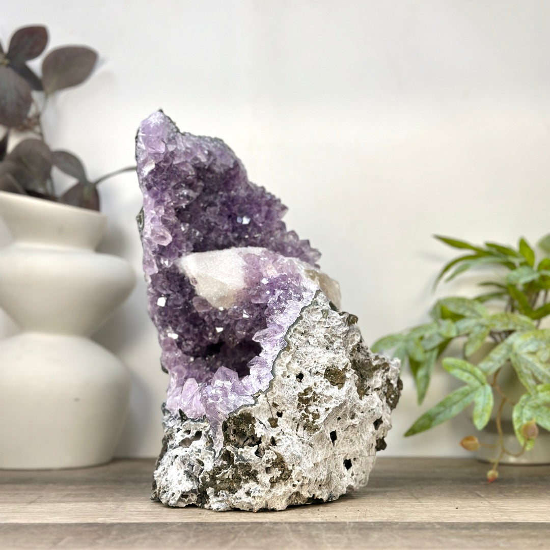 Natural Amethyst Cluster with Calcite Formation Covered with Sugar Crystals - CBP1423