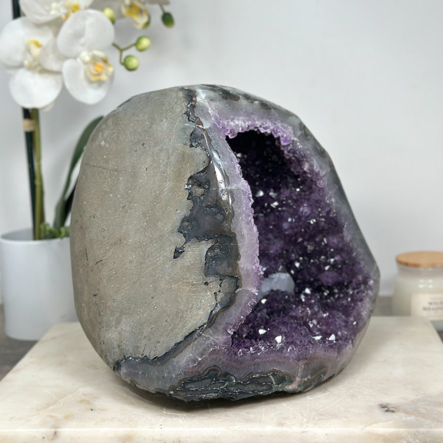 Large Amethyst Stone Geode with Calcite Crystal Formations - STGE0013