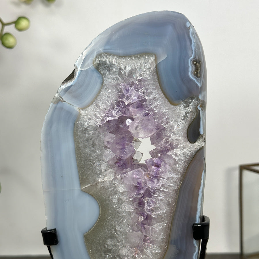 Natural Blue Banded Agate &amp; Amethyst Stone Slice on Stand - MWS3016