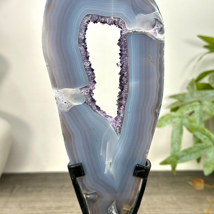 Natural Blue Banded Agate &amp; Amethyst Geode Portal with Stand - MWS3242