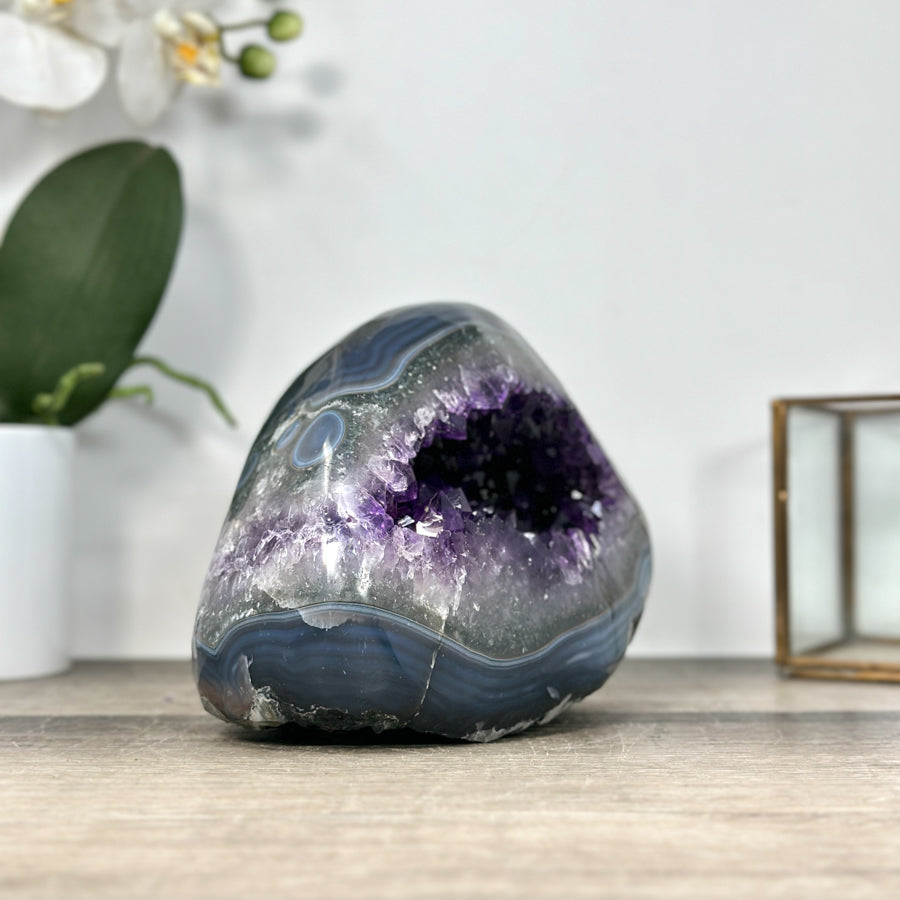 Amethyst &amp; Blue Banded Agate Polished Stone Geode from Uruguay - STGE0022