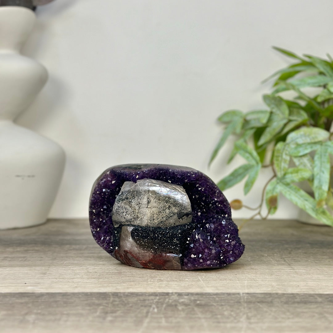 Natural Amethyst Geode with Calcite &amp; Black Hematite Inclusion - STGE0058